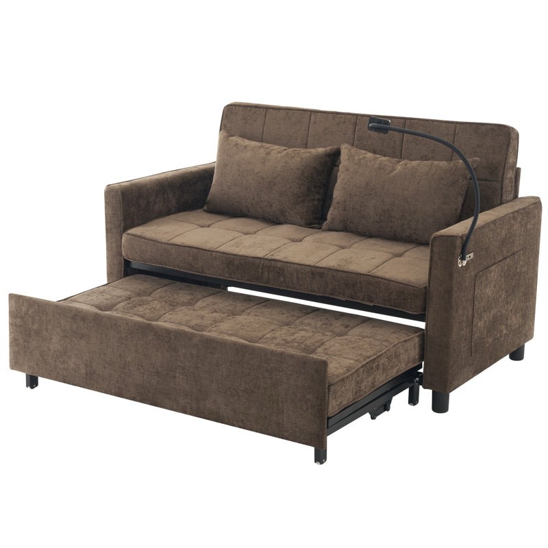 56.9" loveseat sofa pull-out sofa bed sleeper sofa with a reversible backrest cushion, side pockets, two usb ports and a phone holder for living room