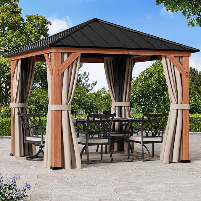 Woodstock10 FT. X 10 FT. Premium Cedar Wood Framed Hard Top Patio Gazebo With Galvanized Iron Roof, Mosquito Netting And Privacy Curtains