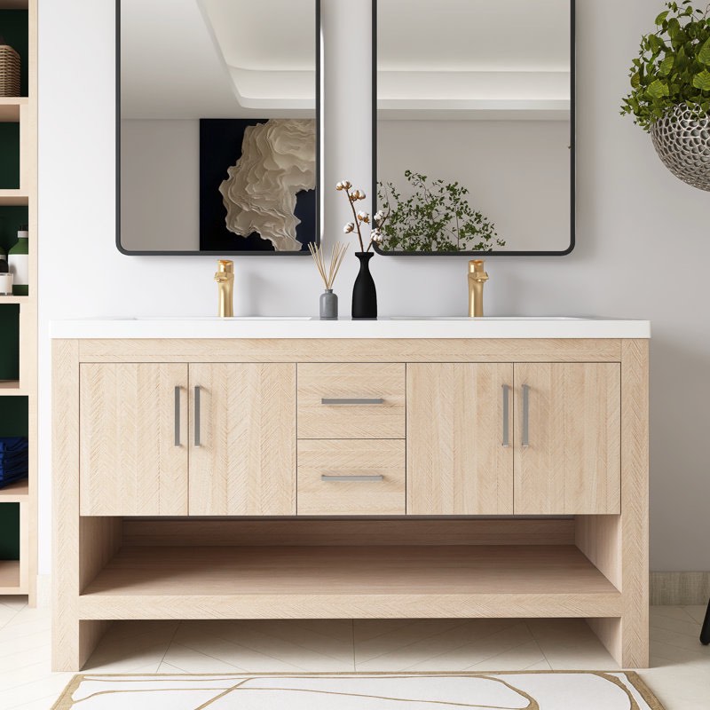 60 In. W X 21 In. D X 35 In. H Double Sink Freestanding Bath Vanity In Light Oak With White Acrylic Top