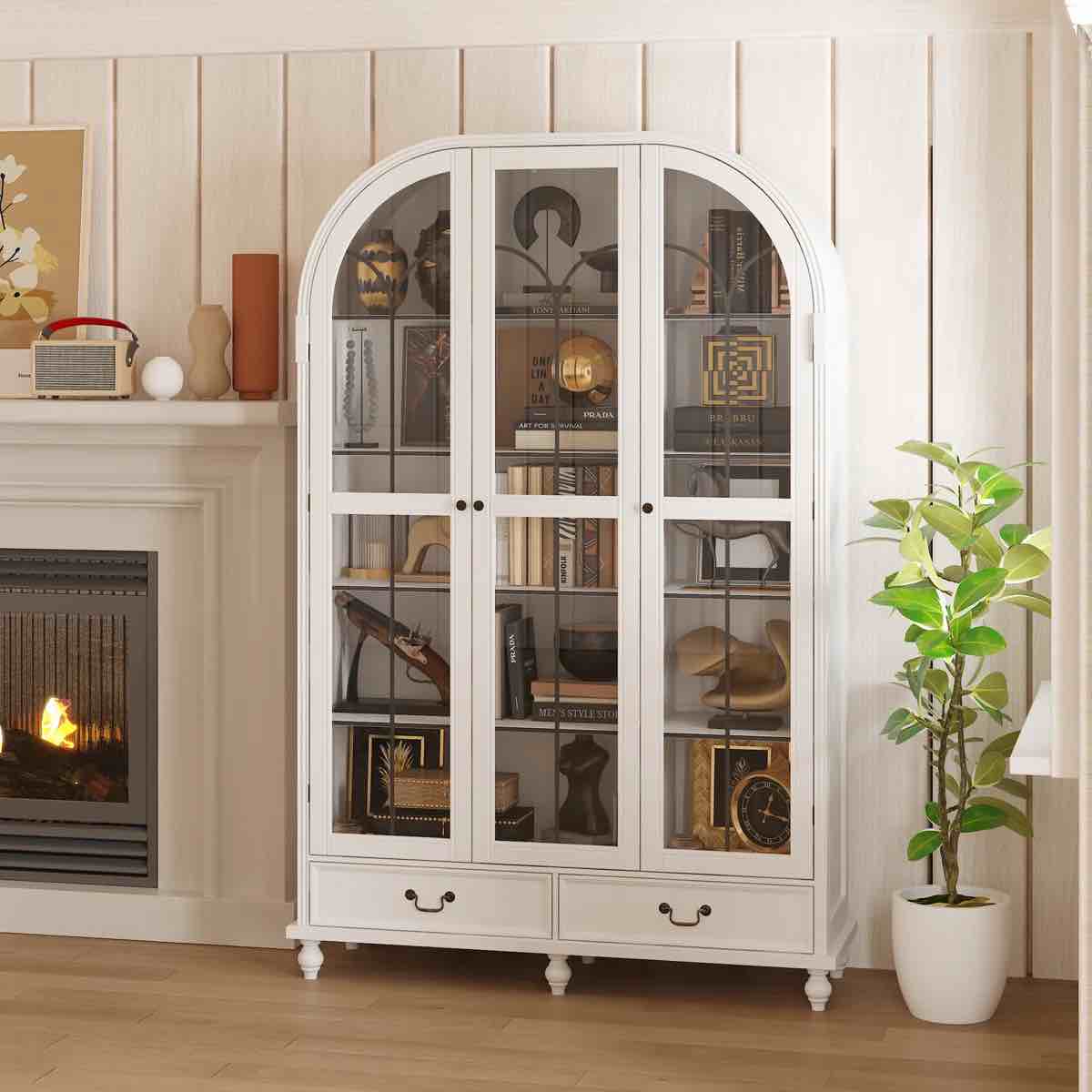 77.2'' H Glass Door Display Case Curio Cabinet Dining Cabinet With 2 Drawers