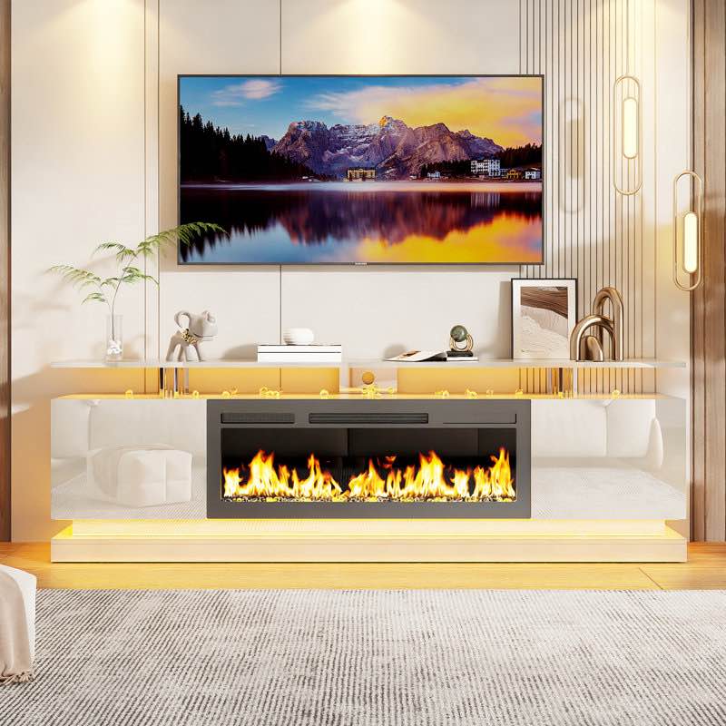 denton tv stand for tvs up to 80'' with electric fireplace, high gloss entertainment center with led lights, modern tv console cabinet, media console