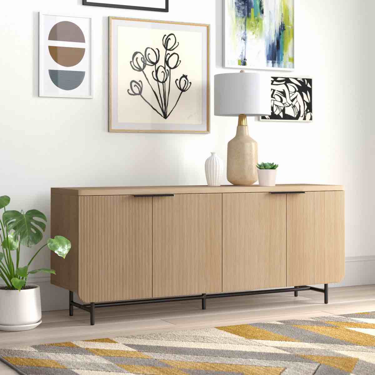 Walker Edison REED5DCOBL 28.75 x 17.75 x 69 in. Scandinavian 4 Door Sideboard&#44; Coastal Oak & Black