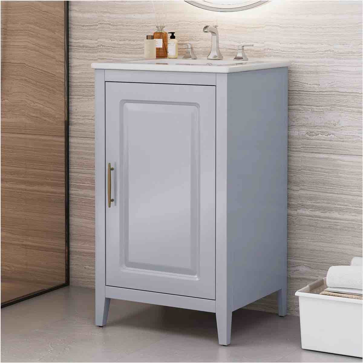 20.3” bathroom vanity with sink, functional drawer, door, shelf, soft-closing door, white