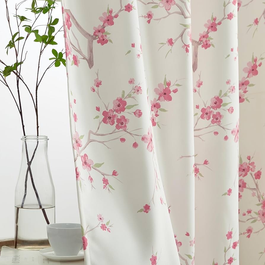 HLC.ME Jasmine Floral Patterned Window Rod Pocket Curtains for Bedroom - Light Blocking Darkening Window Panels, Set of 2 (Pink, 52 W x 84 L)