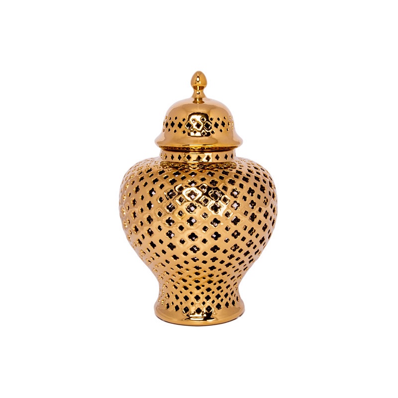 Pierced Ceramic Temple Jar, Gold Ceramic