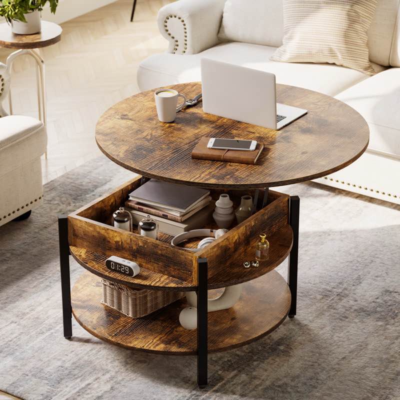 Wynny 27"W Round Lift-Top Wood Coffee Table with Storage