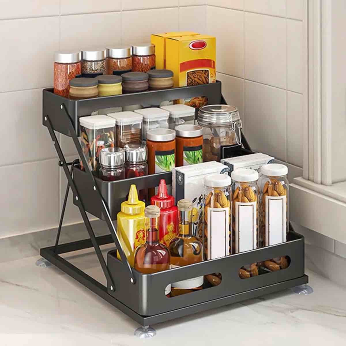 3 Tier Foldable Spice Rack For Countertop Iron Kitchen Seasoning Organizer For Cabinet