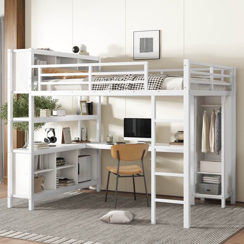Heavy Duty Metal Loft Bed with Wardrobe and L-Shaped Desk, Loft Bed with Storage Cubes and Shelves, Durable Loft Bed for Kids, Teens, and Adults
