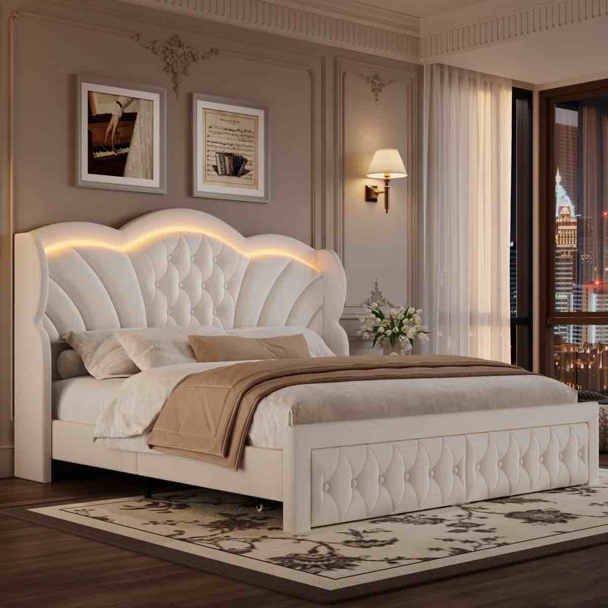 Velvet Upholstered Wingback Bed, Storage Bed with LED Lights