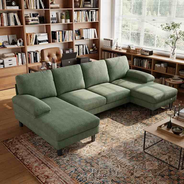 Linsy Home Sectional Sofa for Living Room, U-Shaped Sofa Couch with Corduroy Fabric, 4 Seat Sofa Set with Double Chaise for Apartment, Army Green