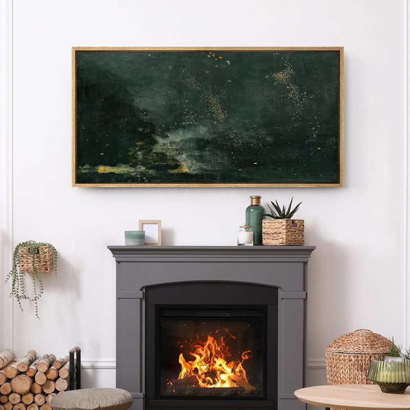 Minimal Landscape Abstract Dark Green And Gold Flecks Modern Luxe Framed On Canvas Print