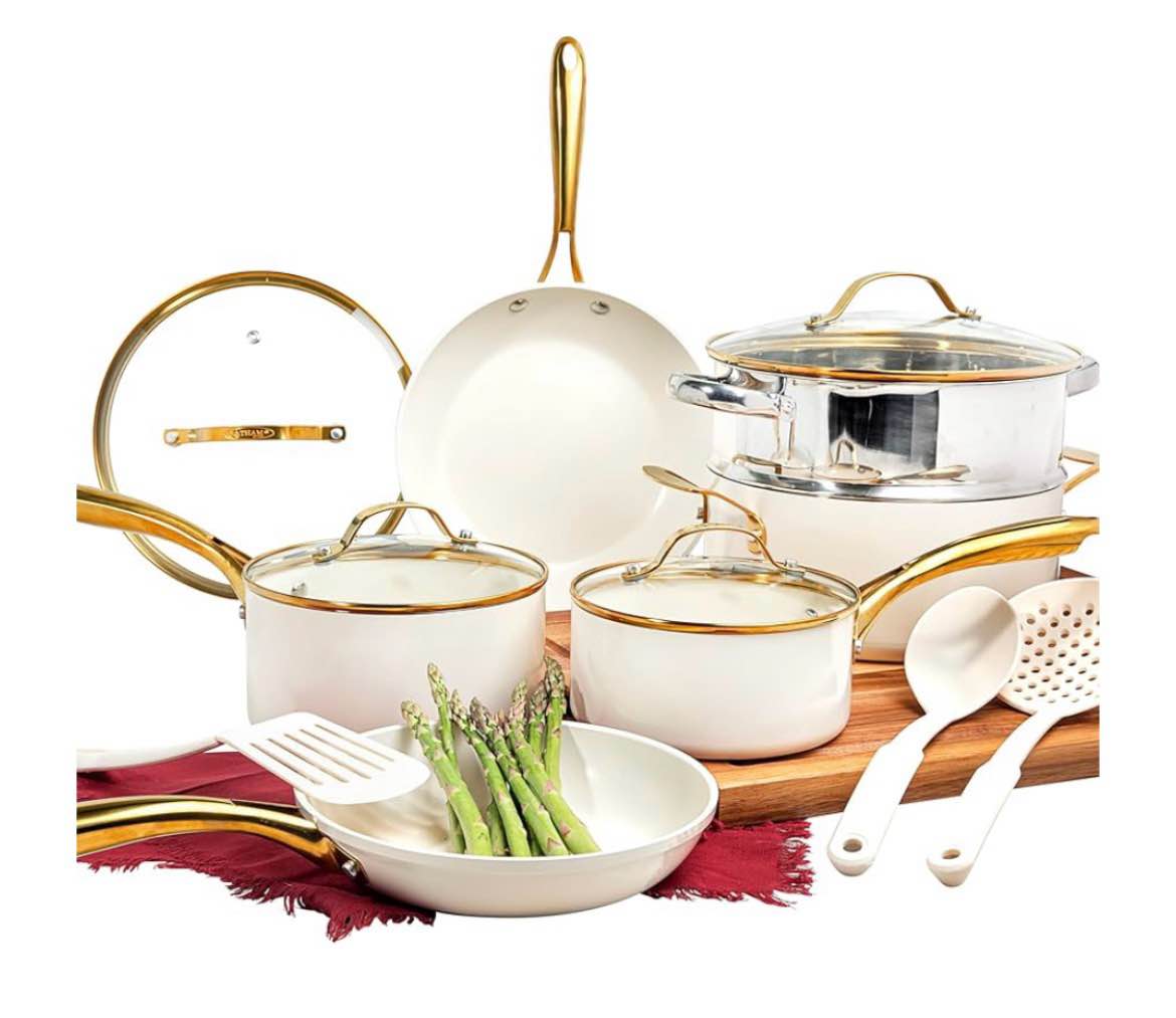 Gotham Steel Hammered 10 PC Set Cream Gold Handles