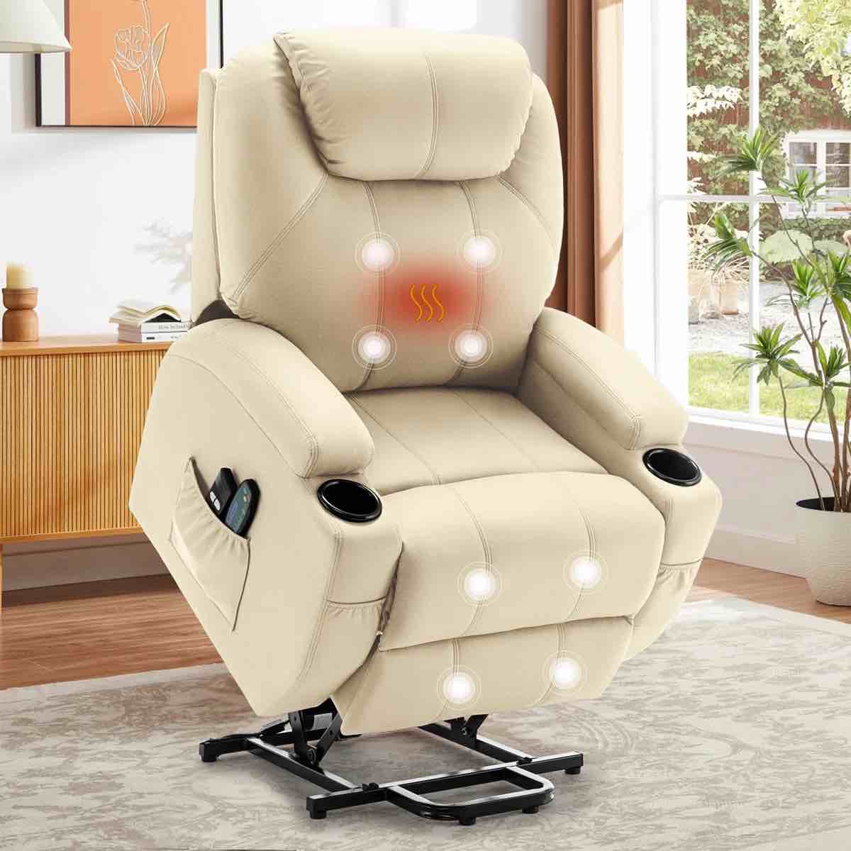 Power Lift Recliners, Recliner Chair With Heat And Massage For Elderly ,Electric Lift Recliner With Side Pockets And 2 Cup Holders