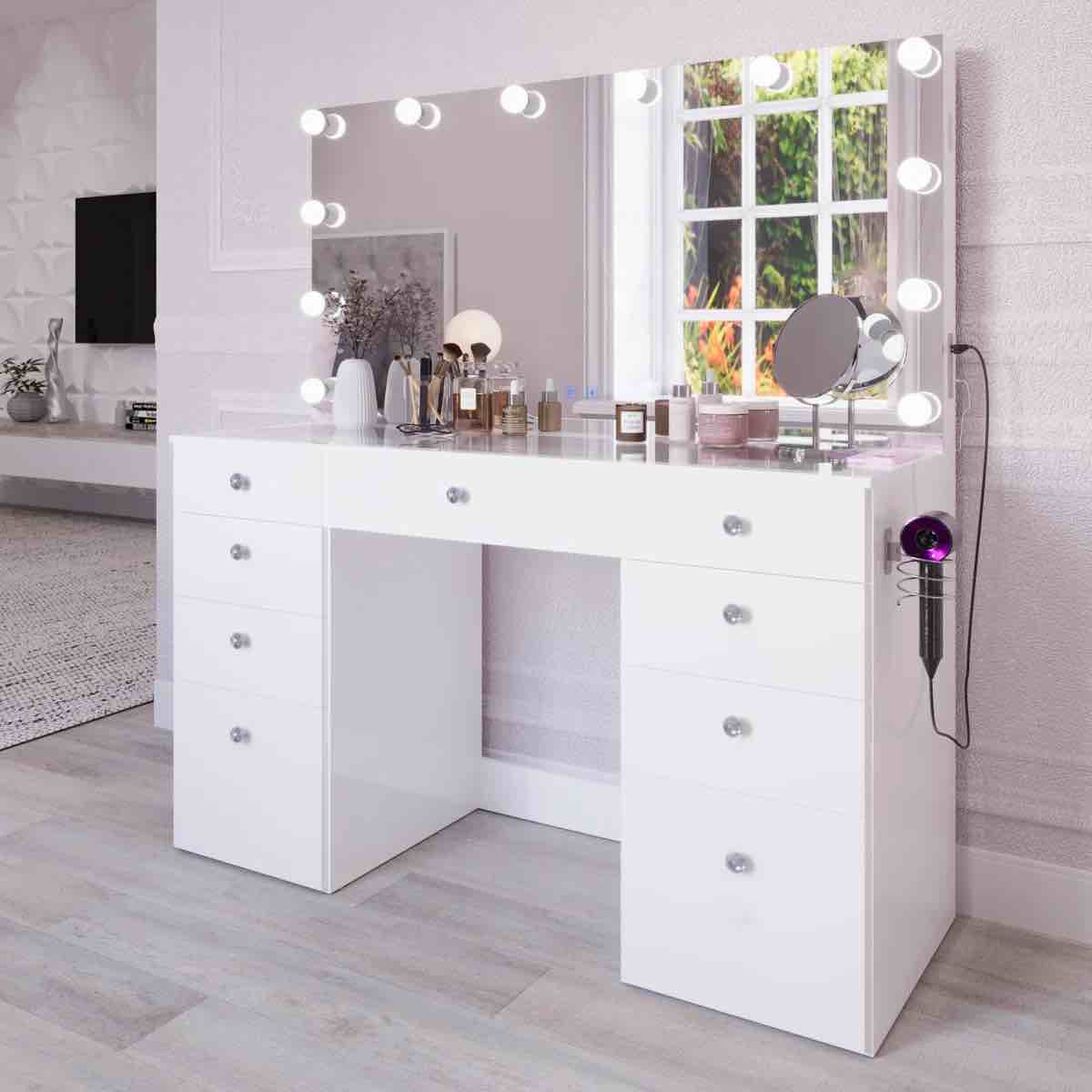 Boahaus Leonore Extra-Large Makeup Vanity, LED Lighted Mirror, USB- C/USB Outlet, 9 Drawers and Glass Top