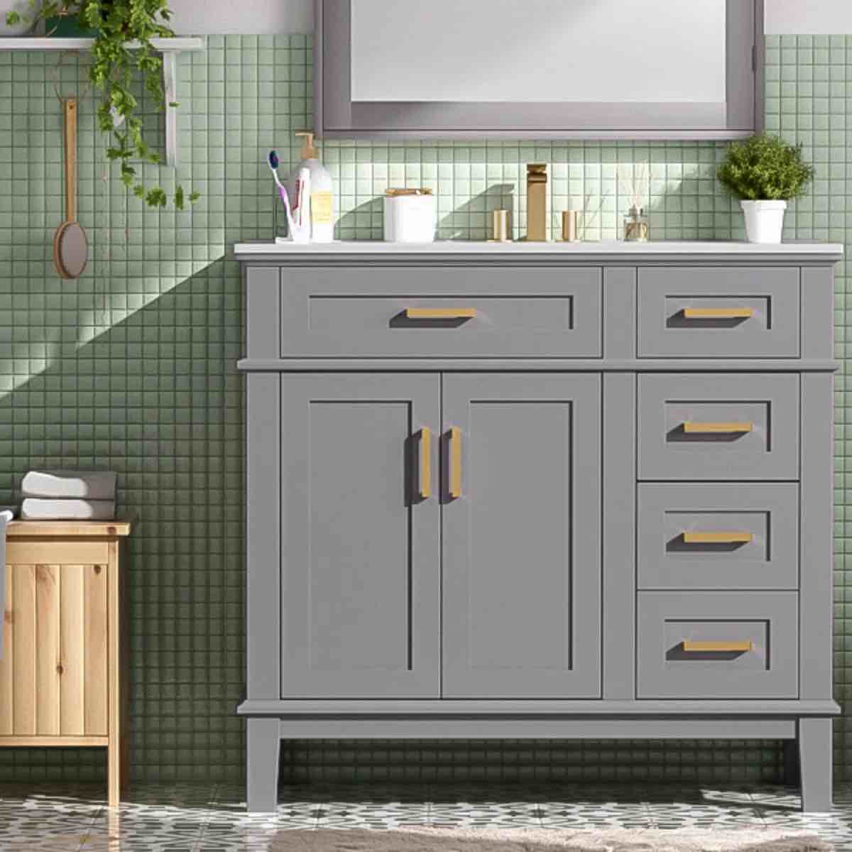 36" Bathroom Vanity With Ceramic Sink, Standard Drawers, Soft Close Doors, Adjustable Shelves, Modern Storage Cabinet For Small And Medium Bathrooms