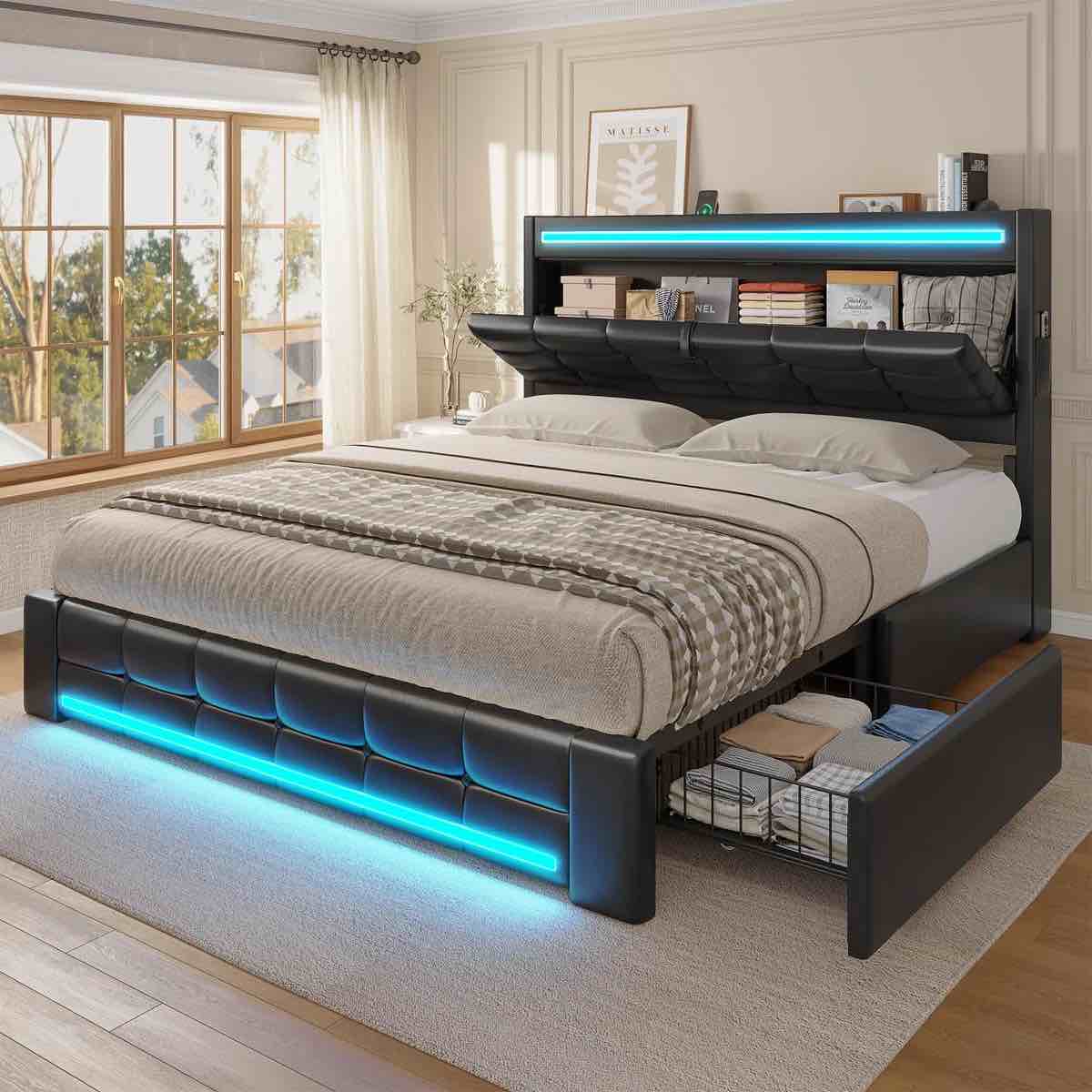 Bed Frames with Storage Headboard & 4 Drawers, LED Bed Frame with Charging Station, Upholstered Platform Bed,No Box Spring Needed