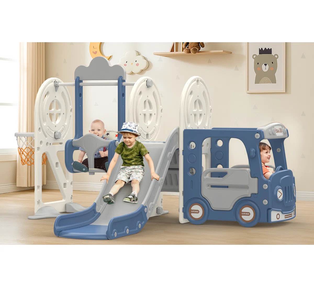 5 in 1 Toddler Slide, Kids Slide with Climber,Bus Playhouse and Swing Outdoor Indoor Slide Playset