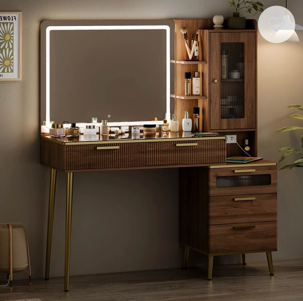 makeup vanity desk with lights & power outlet, big modern fluted vanity desk with 30" hd lighted mirror, 5 drawers and storage shelf,dressing table for women girls