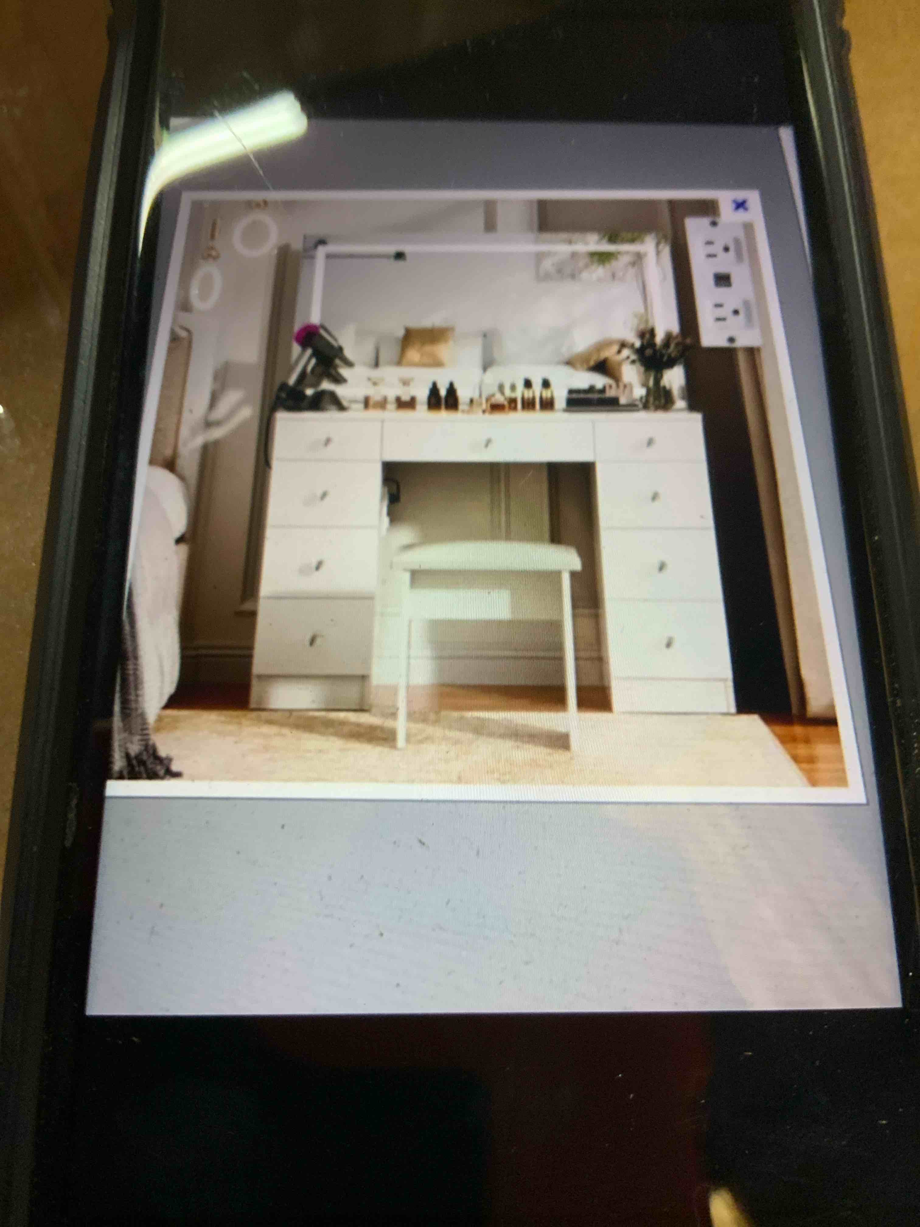 greyden vanity set with led mirror & power outlets, 9 drawers with diamond handles