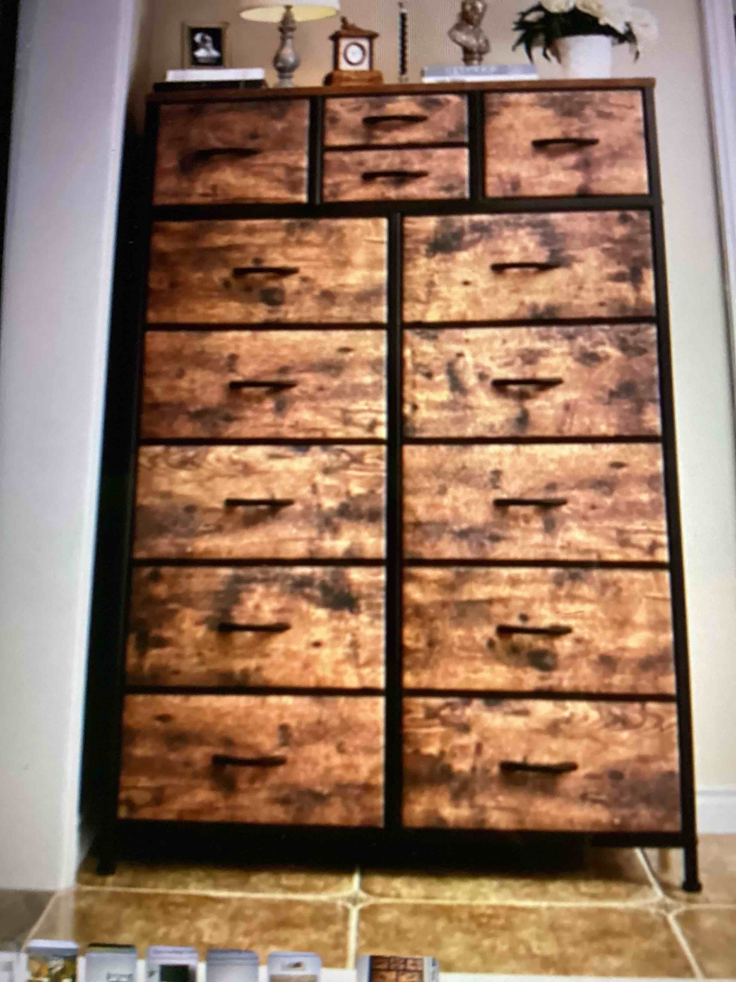 Forestine 12-Drawer Dresser for Bedroom with 4 Side Pockets and 2 Hooks, Wide Chest of Drawers with Fabric Bins & Metal Frame, Storage Organizer for Closet, Living Room, Dorm, Rustic Wood Top