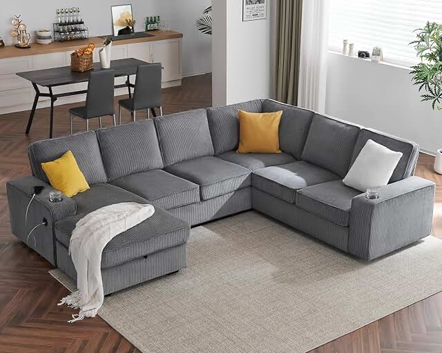 112 Inch Oversized Sofa, Sectional Sofa With USB Ports, Corduroy Gray, Box 1 Of 2