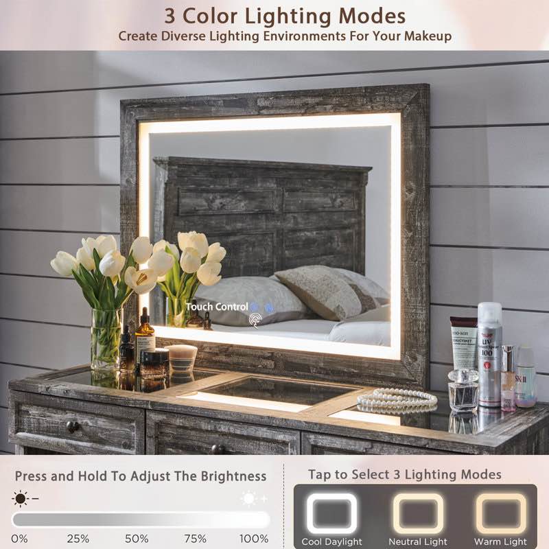 69" w large vanity desk with 30" lighted mirror & 9 drawers, farmhouse corner makeup table with glass top