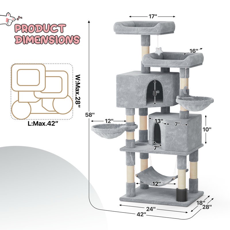 Condition photo showing Good Condition for Luann 58" Cat Tree, Kitten Tower Condo Cat House with Sisal Scratching Post, Hammock and Perch Bed