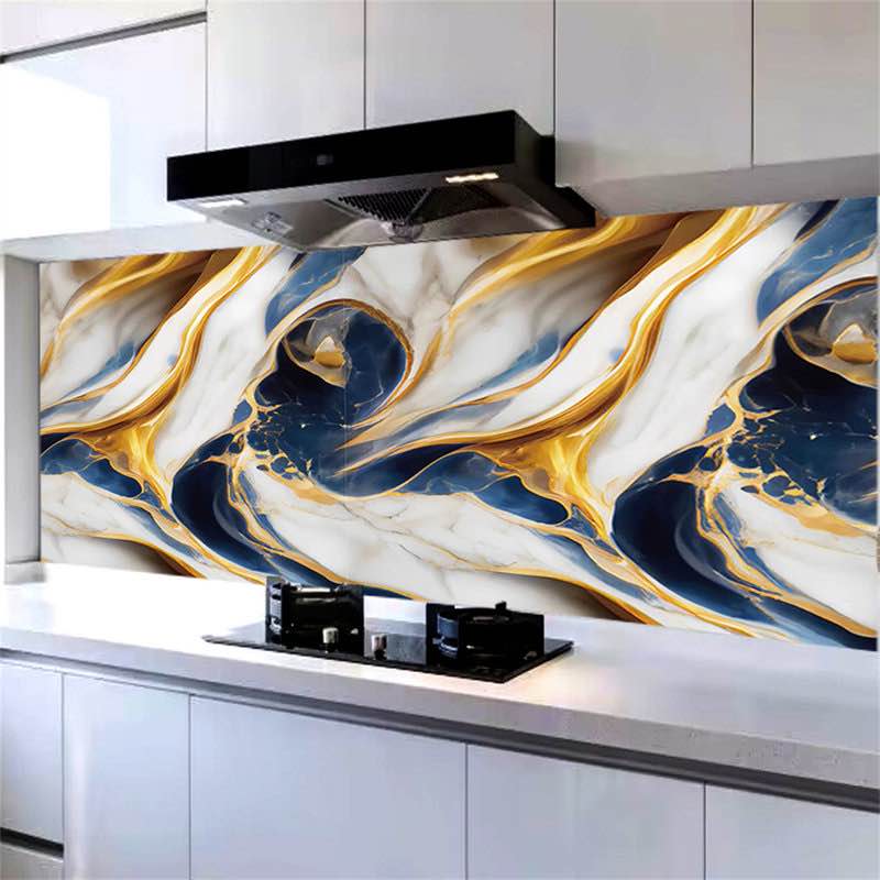 Self-Adhesive Faux Marble Wallpaper - Gold And Blue Veined Pattern For Kitchen Backsplash, Peel And Stick Tiles