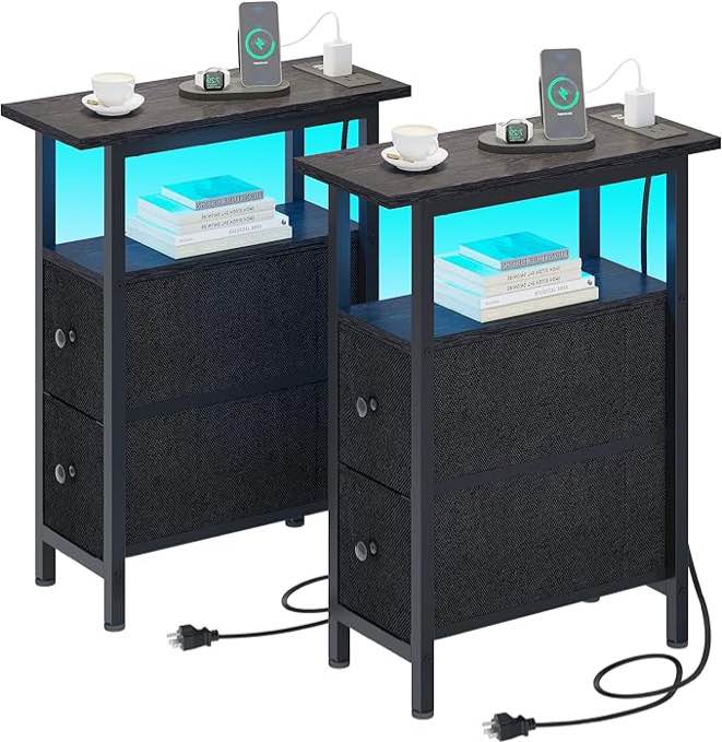 end table with charging station, narrow side table with 2 fabric drawers, skinny nightstand with led light, slim bedside table for bedroom, living room, small spaces, black