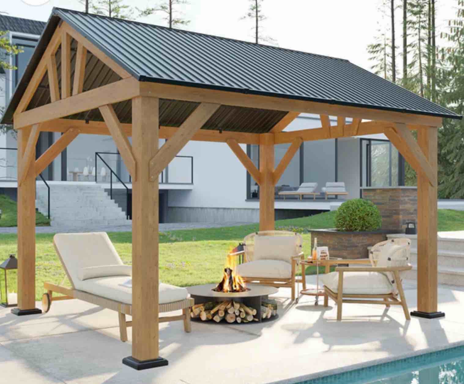 Staika 13X15Ft. Wood Gazebo, Outdoor Gazebo With Metal Steel Gable Roof, Hardtop Gazebo With Bar Storage Space For Garden, Patio -02