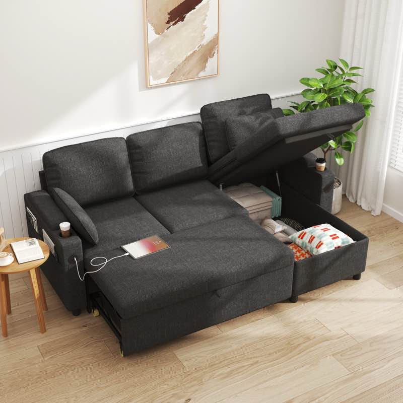Sofa Bed Sleeper With Reversible Storage Chaise,Pull Out Sofa Bed For Apartment Living Room