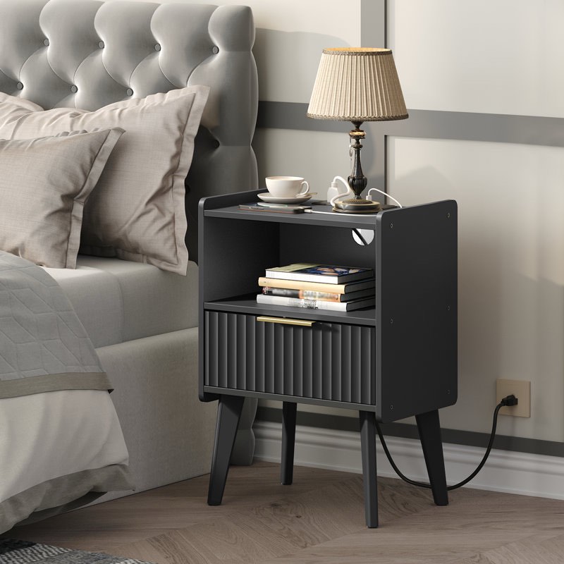 nightstand bedside table with charging station 15.9" modern end table