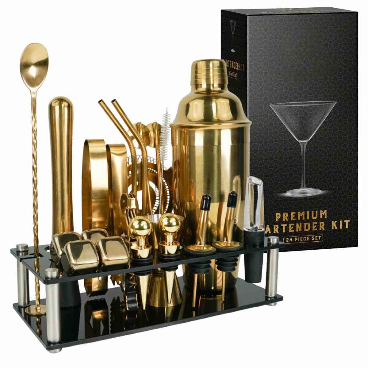 mixology bartender kit – 24 piece gold cocktail shaker set w/stand – essential home bar accessories martini shaker, jigger, muddler, chilling cubes & more