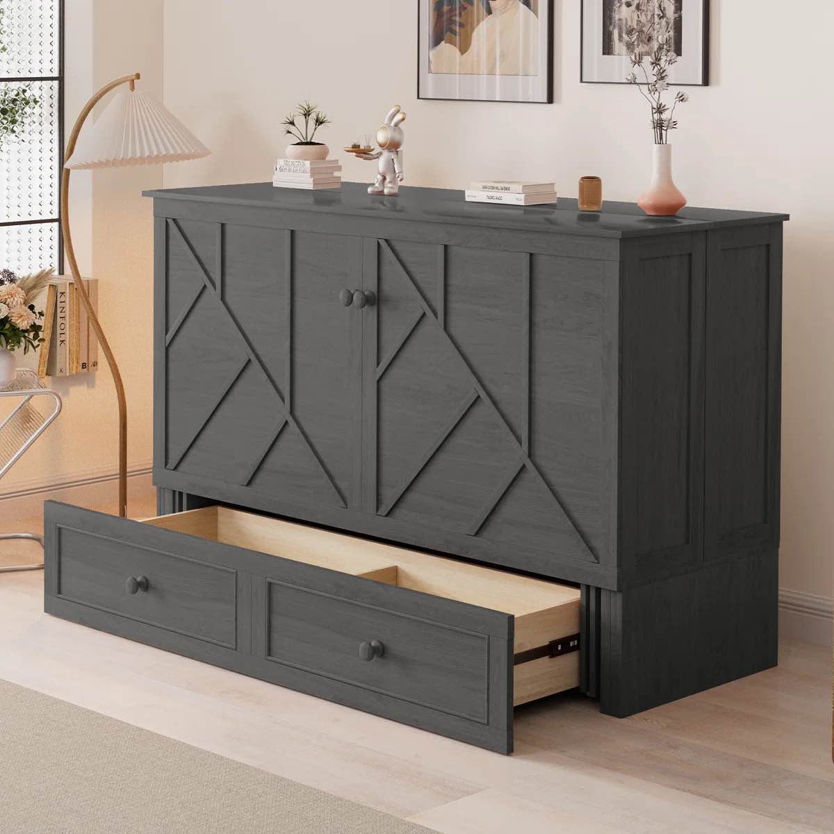 Loon Peak Queen Murphy Bed Cabinet With Large Storage Drawer & Charging Station, Foldable Panel Design, Space-saving Cube Cabinet Bed Frame for Guest Room, Living Room, Office ( Mattress Included)