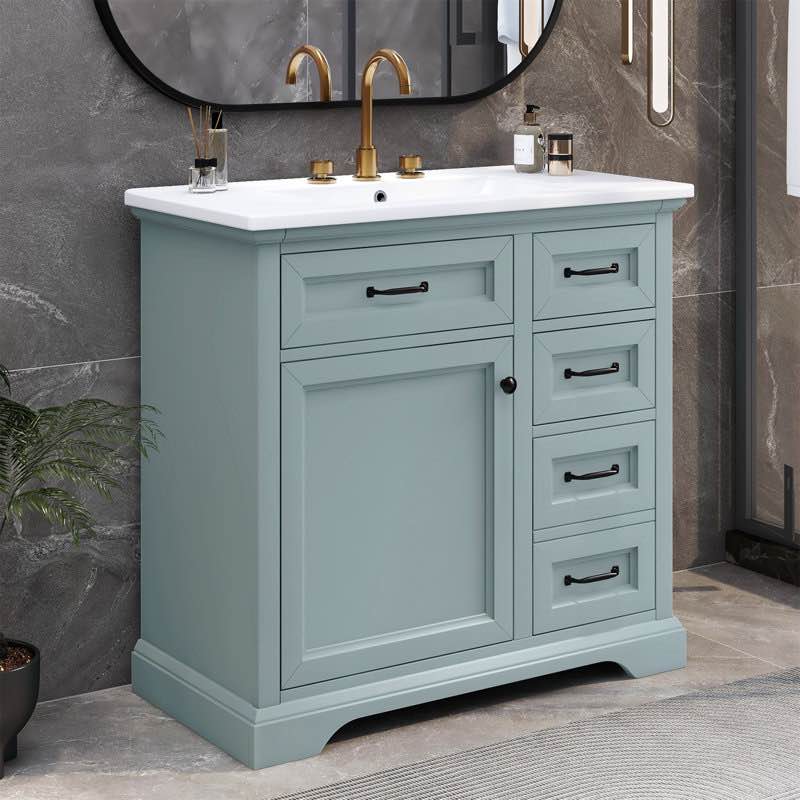 36"W Freestanding Bathroom Vanities With Ceramic Sink Top, Drawers And Internal Rack
