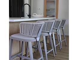 Emington Modern Stools with Rattan Backrests and Wood Frame