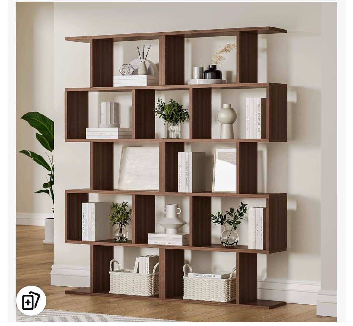 5-tier Geometric Bookcase, S-shaped Modern Bookshelf Set Of 2, 62.6" Tall Room Divider Book Shelf, Decorative Display Shelf