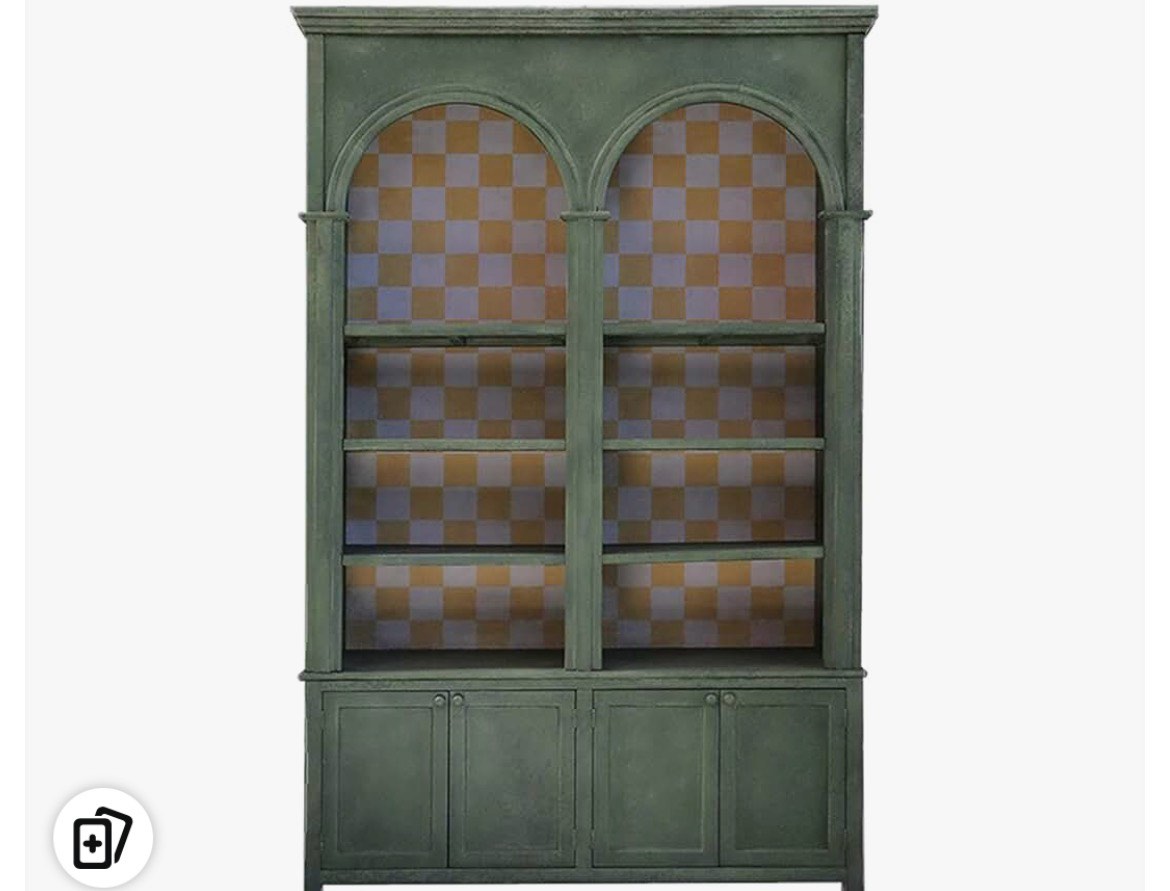 tall antique pine wood cabinet with checkered interior