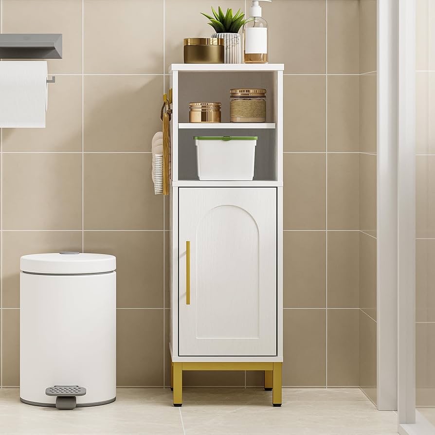Bathroom Storage Cabinet, Corner Floor Cabinet With Door & Shelves, 2Hooks, Small Narrow Storage Organizer, Toilet Paper Cabinets For Small Space