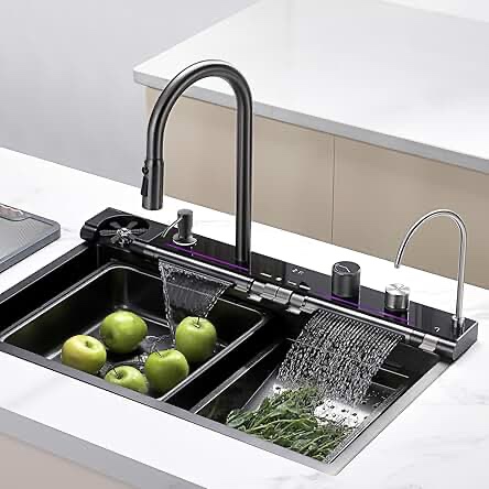 Condition photo showing Good Condition for Lefton 33"x22" 304 Stainless Steel Waterfall Kitchen Sink Set With Pull-down Faucet, Rainfall Water Outlet, Glass Rinser, Soap Dispenser, Battery-free Temperature Display In Fahrenheit, Grey, Ks2207l