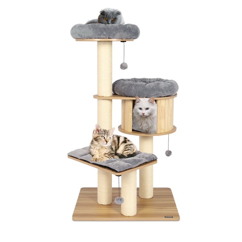 58.6" Wooden Cat Tree Tower, Natural Sisal Scratching Posts, Condo, Cushions