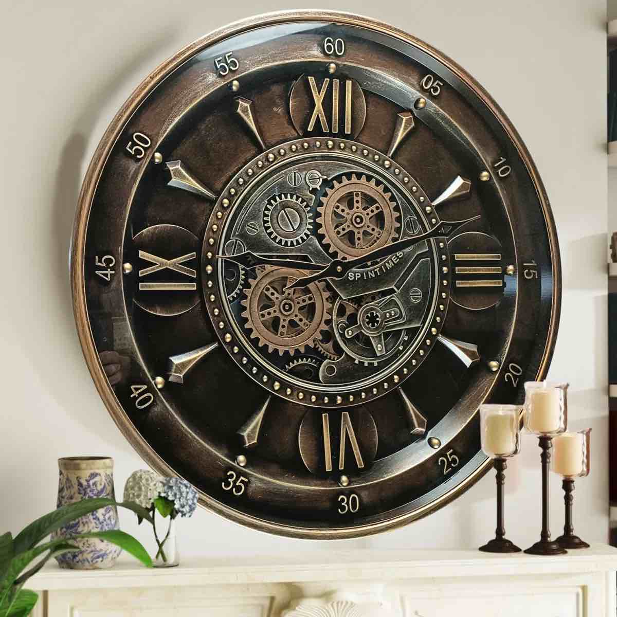 THE GEARS CLOCK Wall Clock with Real Moving Gears IR-LI_ 24 in Round "WATERFORD" BRONZE-DARK
