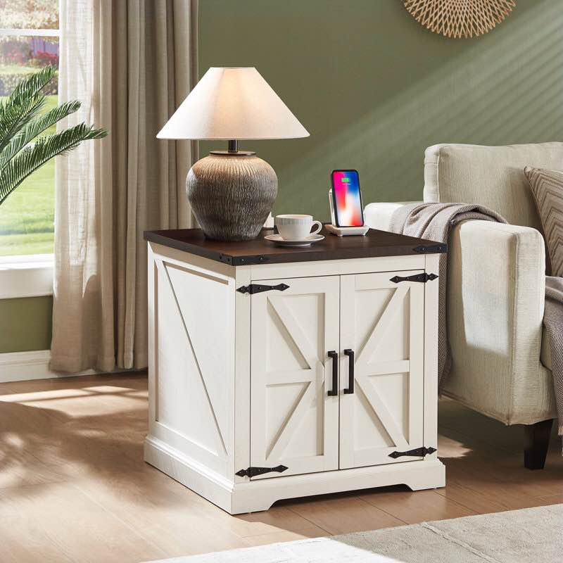 Jaimar 24"W Farmhouse Square End Table with Charging Station&Adjustable Storage Shelf