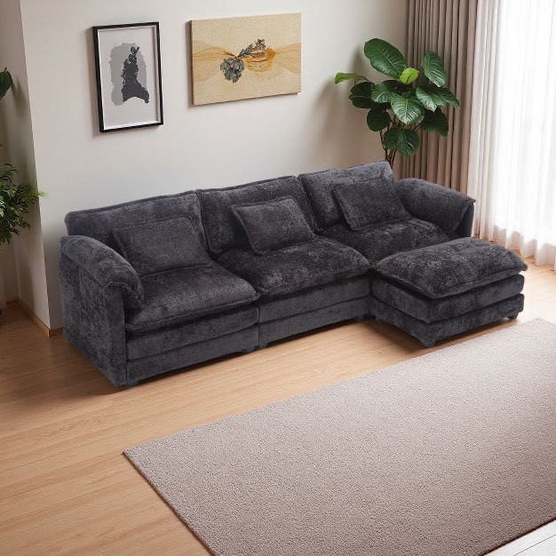 112" Chenille Oversized Cloud Couch - L-Shaped Modular Sleeper with Ottoman & Memory Foam for Living Room - Modern Grey Comfort