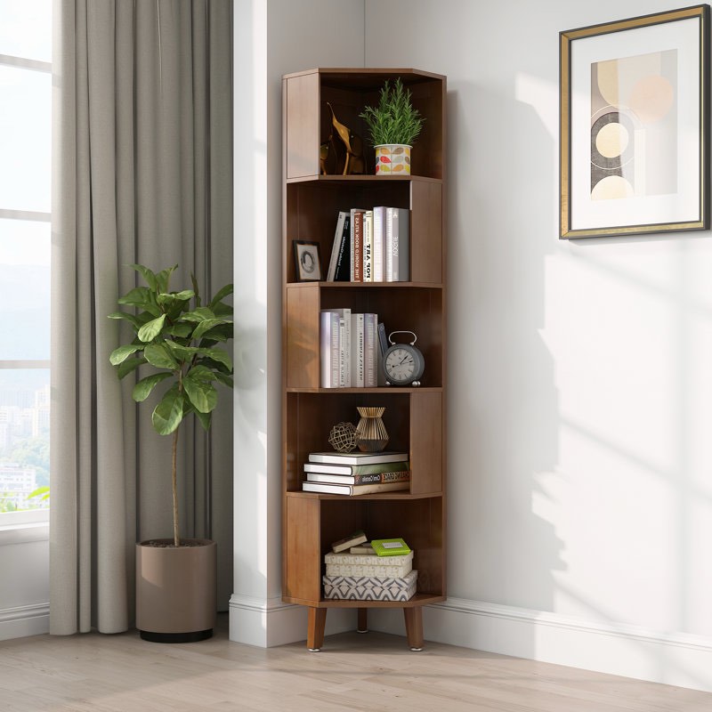 Kux Corner Bookcase Bookshelf Display Shelf Bamboo Storage Cabinet