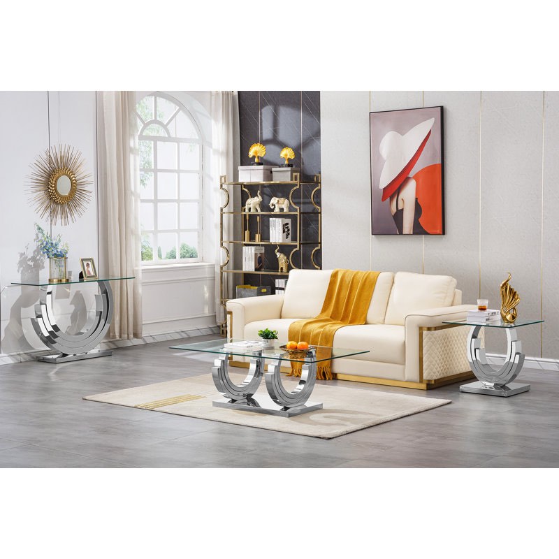 3 Piece Glass Coffee Table Set, Modern Living Room Table Set with 1 Coffee Table & 1 End Table & 1 Console Table, Luxury Glass Coffee Table Set with 3C-Shape Stainless Steel Base for Home Office