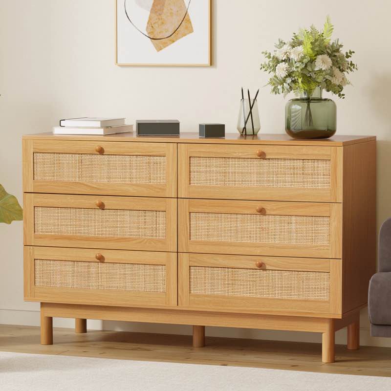 6 Drawer Rattan Dresser For Bedroom, Boho Double Dresser With Wooden Handles For Living Room WAYFAI 