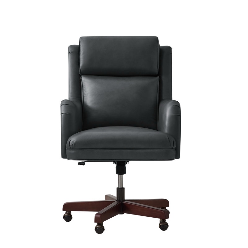 Heeg Gaspar Traditional 42.5"H Genuine Leather Swivel Tilting Office Chair with Adjustable Headrest and Solid Wood Legs