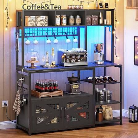47.2 Inch Bakers Rack With Power Outlet, Microwave Stand With Storage, Farmhouse Coffee Bar Cabinet Station With Wine Rack