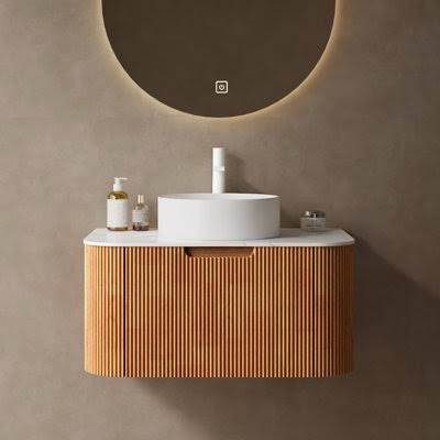 30" Striped Bathroom Vanity With Sink, Plywood Modern Wall-mounted Floating Curved Edges Striped Bathroom Storage Cabinet With A Drawer, White Round Ceramic Basin Without Faucet, Pre-assembled